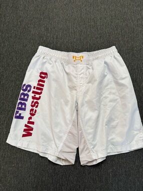Men’s White Wrestling Shorts with Purple & Red Side Print size Large